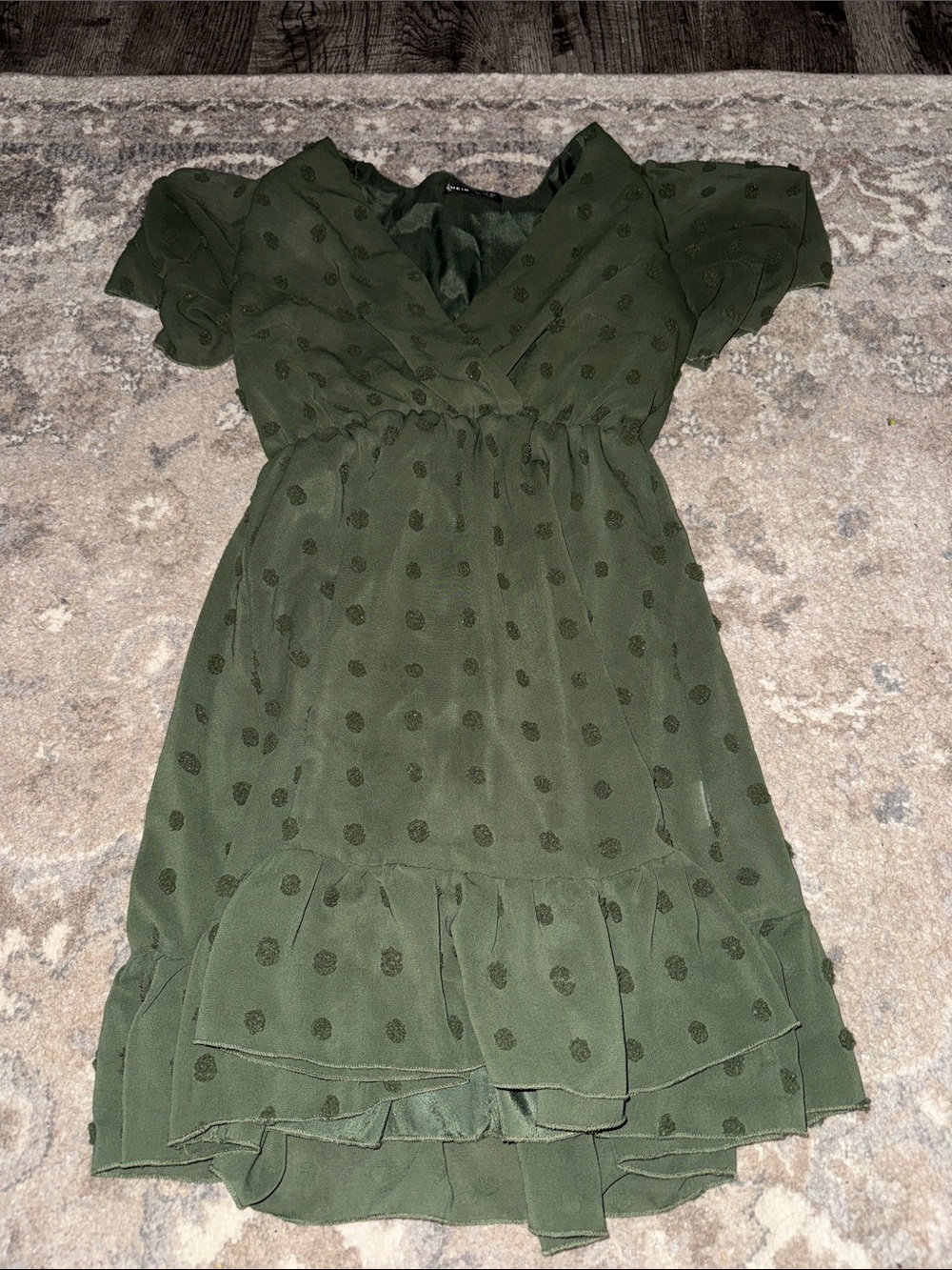 Women's Olive Green Polka Dot High-Low Ruffle Dress